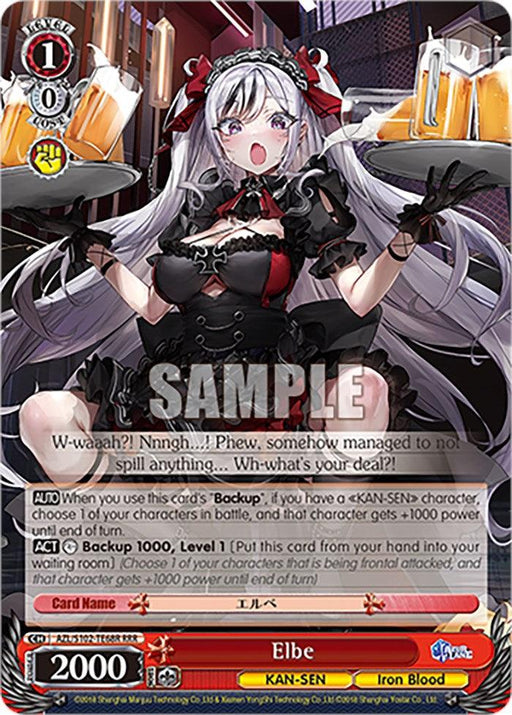 A trading card displays an anime-style KAN-SEN character in a maid outfit carrying two trays of beer mugs. Text over the image includes character dialogue and card details. The product name, "Elbe (AZL/S102-TE68R RRR) [Azur Lane]," and stats are prominently featured, along with decorative patterns, a "SAMPLE" watermark, and the Triple Rare designation by Bushiroad.