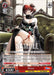 A collectible character card features an anime-style character named Weser from KAN-SEN Iron Blood in Azur Lane. Weser, with her red bob cut, dons a black off-shoulder outfit with white and red accents. Seated on a chair, this Bushiroad Weser (AZL/S102-TE73R RRR) [Azur Lane] card displays various stats, abilities, and a power rating of 4500.