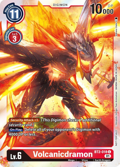 The image showcases a Digimon card featuring Volcanicdramon [BT2-018] (ST-11 Special Entry Pack) [Release Special Booster Promos], an Earth Dragon from the Digimon series with fiery molten rock armor and lava-like wings. The Promo card indicates it is a Level 6 Digimon with a play cost of 11, 10,000 DP, and includes two special abilities: "Security Attack +1" and "On Play.