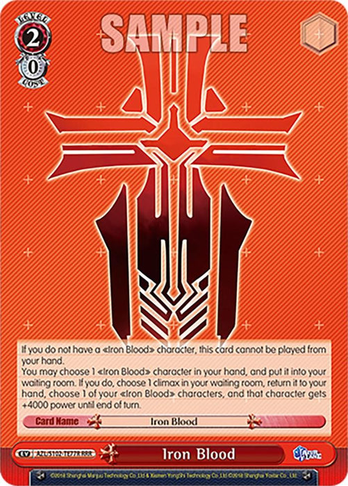 A red trading card titled "Iron Blood (AZL/S102-TE77R RRR) [Azur Lane]" from the Azur Lane series by Bushiroad, featuring a large, stylized emblem of intricate lines and geometric shapes. The card has a cost of 2 and a trigger count of 1. The background showcases diagonal stripes, and the text box provides gameplay instructions. The SAMPLE watermark is displayed.