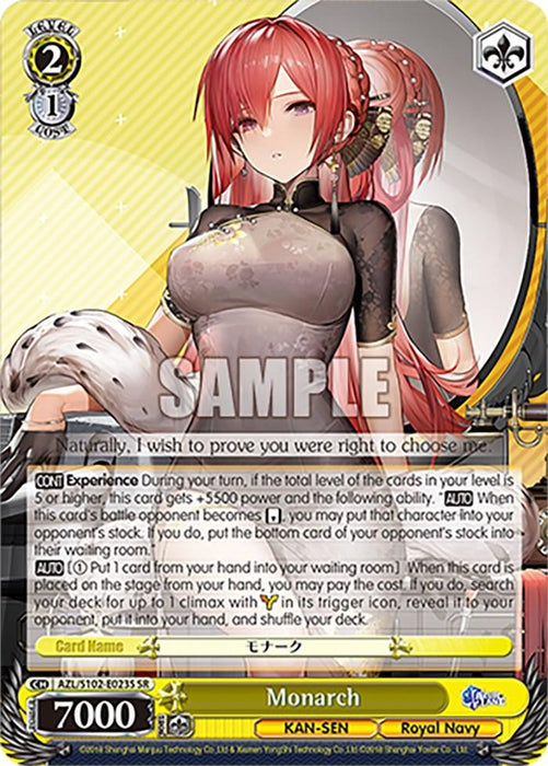 A "Monarch (AZL/S102-E023S SR) [Azur Lane]" trading card from Bushiroad featuring Monarch from the Royal Navy. Monarch has long red hair, adorned with a hairpin. She wears a form-fitting black dress with a translucent overlay and holds a white fur-trimmed cape. The card text describes her abilities, and the background showcases her confident expression.