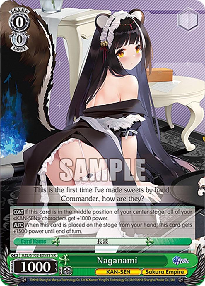 An anime-style trading card featuring a dark-haired girl with cat ears and a tail, dressed in a black and white maid-like outfit, sitting with her back turned but head tilted towards the viewer. The Bushiroad card, "Naganami (AZL/S102-E058S SR) [Azur Lane]," states it's her first time making sweets by hand and includes gameplay effects.