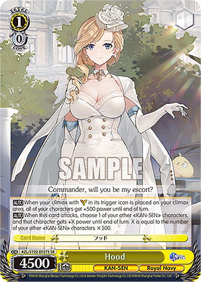 A Hood (AZL/S102-E027S SR) [Azur Lane] trading card by Bushiroad features an anime-style female character named Hood from the KAN-SEN Royal Navy faction in Azur Lane. She has blonde hair, wears a white dress with gold accents, and holds a hat. Card details, such as attack and defense stats, are present, with "SAMPLE" text overlaying the image.