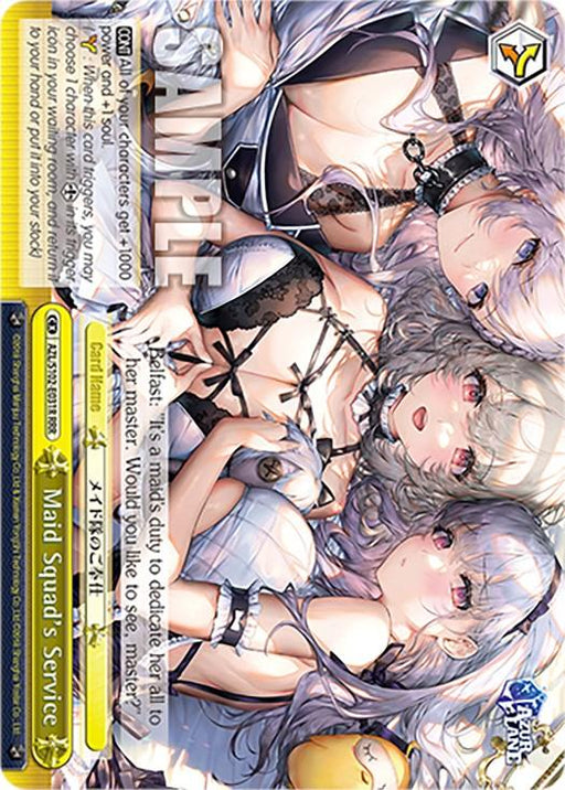Three anime characters dressed as seductive maids appear in a horizontal card format. They have pastel hair colors and wear revealing maid outfits with lace and bows. The card includes decorative text and elements, such as "Sample," stats, and a title that reads "Maid Squad's Service (AZL/S102-E031R RRR) [Azur Lane]" from Bushiroad.
