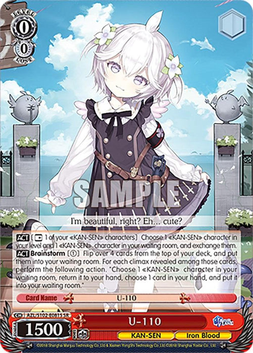 A Bushiroad Weiss Schwarz trading card features a Super Rare U-110 (AZL/S102-E081S SR) [Azur Lane] with short white hair, wearing a black and white dress adorned with bows. The character stands in front of a garden scene with stone railings and lamps. Text overlays include character name, stats, and abilities. A "SAMPLE" watermark is present.