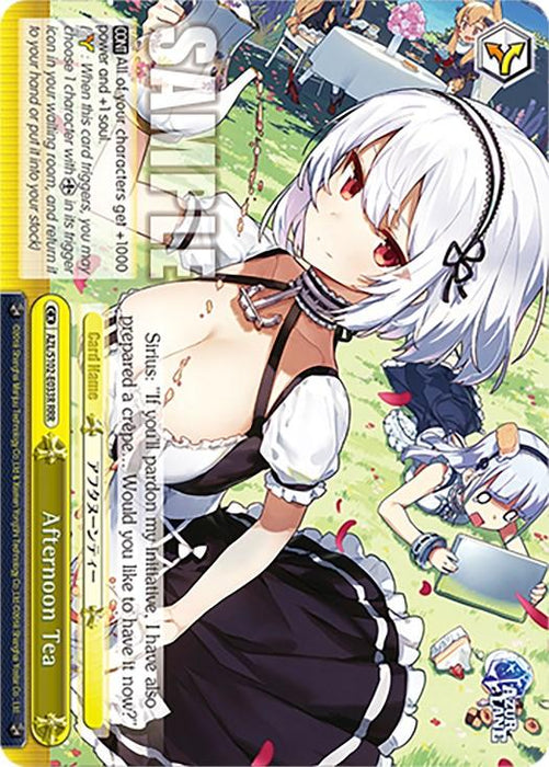 Illustrated card from a game featuring a white-haired anime girl in a maid outfit, holding a silver tray with cups. Background includes another maid on the right beside a table, trees, and a swing. Text overlays include "Shift," dialogue, and card-specific info on a yellow bar that reads "Afternoon Tea." This Triple Rare gem will make any Azur Lane enthusiast's collection shine. The Afternoon Tea (AZL/S102-E033R RRR) [Azur Lane] by Bushiroad is truly a standout piece for collectors.