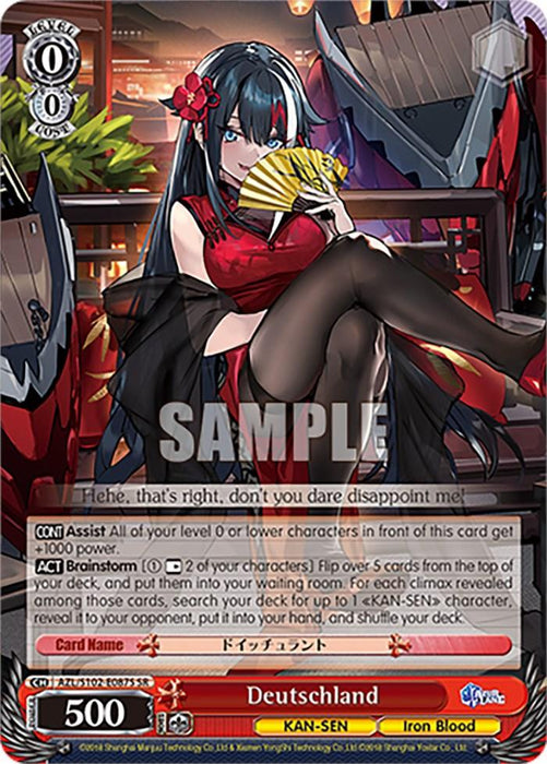 A Super Rare trading card depicts an anime-style character with long black hair, dressed in a red and black outfit, wielding two guns. The KAN-SEN is seated, with a mischievous smile. The product name is "Deutschland (AZL/S102-E087S SR) [Azur Lane]," by Bushiroad, and its stats are at the bottom, along with game-related text in a gray textbox.