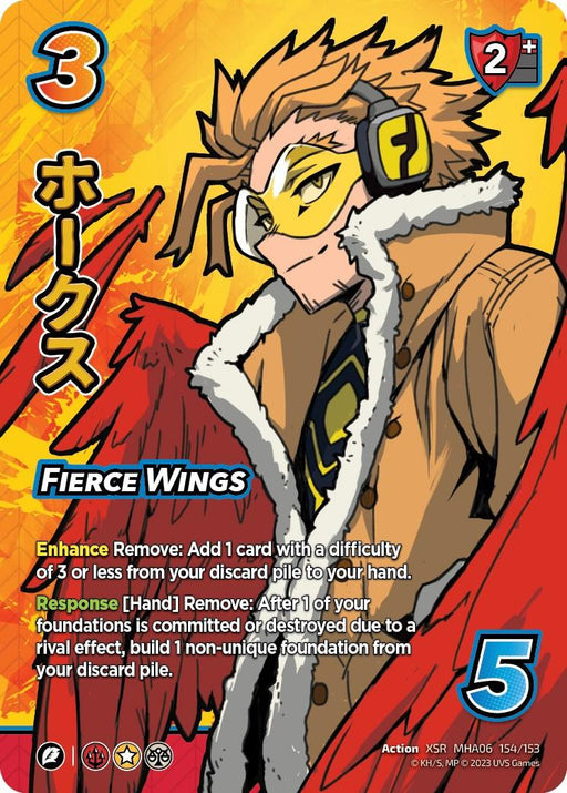 A trading card featuring a male character with spiky blonde hair, yellow-tinted goggles, and a fur-lined jacket. He has large red wings. The card is labeled "Hawks" and "Fierce Wings." This *Fierce Wings (XSR) [Jet Burn]* action card from *UniVersus* lists abilities and stats, including 3 difficulty, 2+ speed, and 5 control.