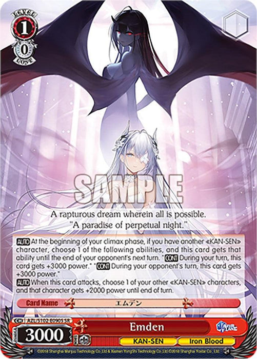 A card from a trading card game features Emden (AZL/S102-E090S SR) [Azur Lane] by Bushiroad, a KAN-SEN character from Azur Lane. The dark, shadowy figure hovers above the white-haired character. Text shows abilities and stats: 1/0 Level 1, Cost 0, 3000 power. The flavor text reads: "A rapturous dream wherein all is possible. A paradise of perpetual night.