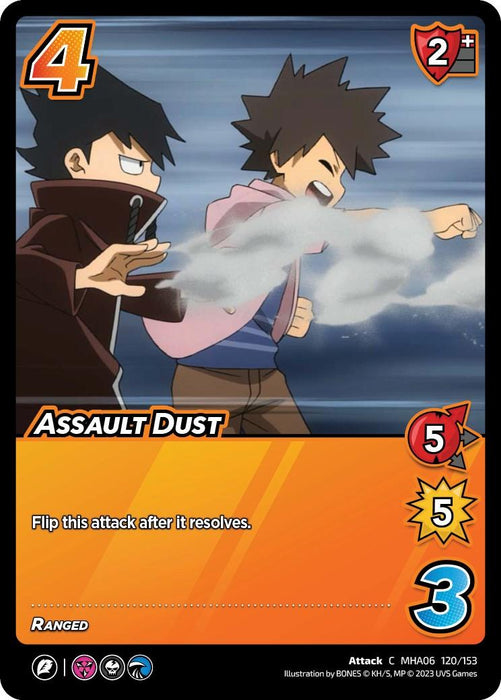 A UniVersus trading card depicts two animated characters, one in a black jacket and the other in a pink jacket, using an attack labeled "Assault Dust [Jet Burn]." The common card shows stats of 4 energy cost, 2 difficulty, 5 attack damage, 5 speed, and 3 range. The background features swirling dust with additional game symbols at the bottom.