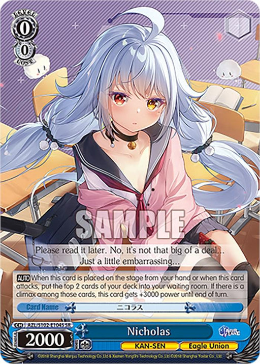 A Nicholas (AZL/S102-E104S SR) [Azur Lane] trading card from Bushiroad features an anime-style character with long, silver hair tied with a red ribbon. She wears a white outfit with black sleeves and stockings. Text details her abilities and stats. A sample watermark overlays the middle of the Azur Lane card as she sits casually, surrounded by a colorful background.