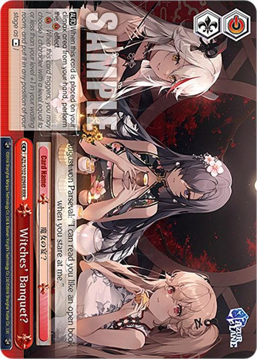 A collectible trading card titled "Witches' Banquet? (AZL/S102-E094R RRR) [Azur Lane]" from Bushiroad features three anime-style characters from Azur Lane, adorned in intricate gothic attire and accessories. Each character has flowing hair, revealing dresses, and holds a cup. The top reads "SAMPLE" in bold white letters with text overlays on the borders.