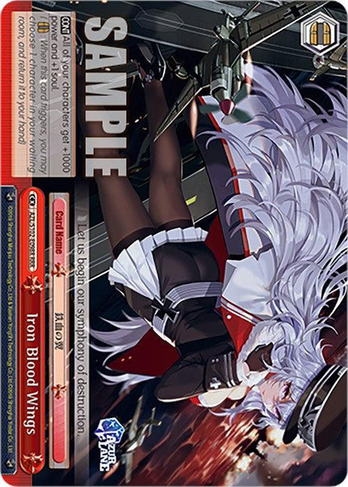 A sample card features a character with long silver hair wearing black thigh-high stockings, black gloves, a white and black outfit with red trim, and a white military-style cap. The character is holding a weapon. Text details and stats are present on the card along with the "Sample" watermark. This Triple Rare from Bushiroad’s Iron Blood Wings (AZL/S102-E098R RRR) [Azur Lane] is stunning!