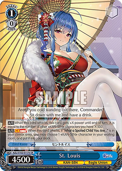 Illustration of an anime-style character with blue hair, wearing a red and white outfit and holding a parasol. The background contains text and numbers, typical of an **St. Louis (AZL/S102-E117S SR) [Azur Lane]** card layout from **Bushiroad**. Text includes “St. Louis” and a dialogue about sitting and having a drink. Attack and defense stats are shown.
