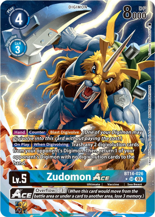 A Zudomon Ace [BT14-026](Alternate Art) [Blast Ace] digital trading card from the Digimon series. This blue card depicts a fierce, armored creature wielding a large hammer. Stats: Lv.5, plays at 4 cost, digivolves at 3 cost from Lv.4, DP 8000. Features abilities like Hand, Counter, and Blast Digivolve. Overflow (4).
