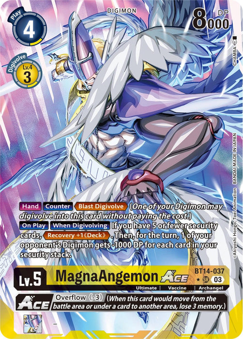 A Digimon MagnaAngemon Ace [BT14-037] (English Exclusive Alternate Art) [Blast Ace] playing card featuring MagnaAngemon, a winged, armored Digimon with a humanoid figure, wielding a glowing sword. Designated as Lv. 5 with 8000 DP (Digimon Power), the card's background showcases bright blue energy and includes gameplay attributes and abilities in English from the Blast Ace Booster series.