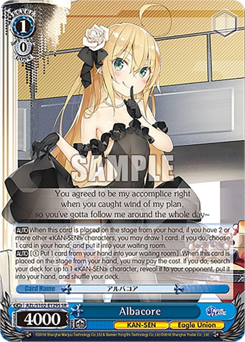 A super rare trading card featuring an anime-style character, "Albacore" from Azur Lane's "KAN-SEN" of "Eagle Union," with long blonde hair, wearing a black and silver outfit and arm gloves. The detailed illustration includes stats (4000 power) and game rules text in both English and Japanese is the Albacore (AZL/S102-E129S SR) [Azur Lane], produced by Bushiroad.