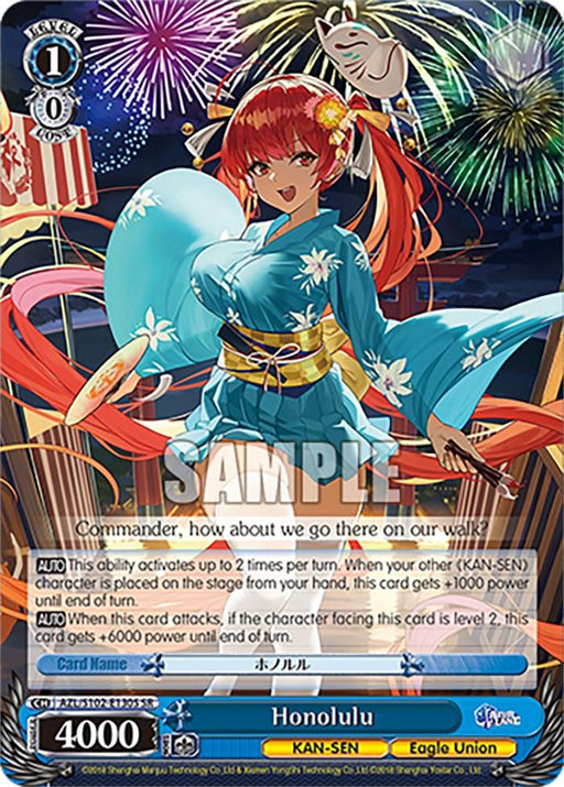 A trading card depicts a Super Rare female anime character from Azur Lane, with long red hair adorned with white flowers. She wears a blue kimono with a red obi sash. The card displays her stats as "Level 1," "0 Cost," and "4000 Power." Text on the card includes abilities and the name, "Honolulu (AZL/S102-E130S SR) [Azur Lane]" by Bushiroad.