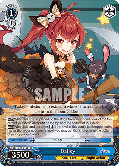 A character card image featuring "Bailey," a girl with red hair in pigtails adorned with black skull-themed accessories. She wears a black and orange outfit with puffy sleeves and a ribbon. The background shows festive decorations, including star-shaped elements and a stuffed bunny, embodying her Super Rare status in Bailey (AZL/S102-E132S SR) [Azur Lane]. Her abilities and stats are detailed on the card. This product is from the brand Bushiroad.