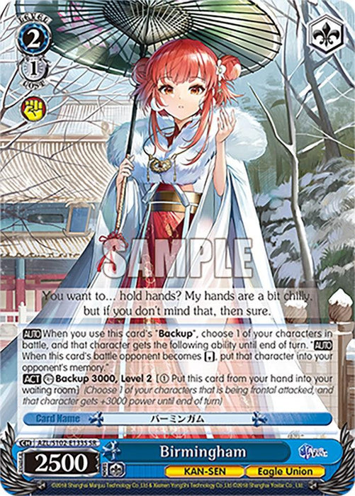 A Super Rare Bushiroad trading card featuring Birmingham (AZL/S102-E133S SR) [Azur Lane], a red-haired anime girl from Azur Lane, clad in a white fur-collared cloak over a blue and white kimono. She stands in a scenic, snowy landscape with a Japanese torii gate in the background. The card includes text boxes, stats, and her name.