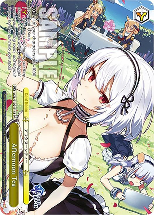 A Promo Card titled "Afternoon Tea (AZL/S102-E143 PR) [Azur Lane]" from Bushiroad features an anime-style character with white hair and red eyes, dressed in a black and white maid outfit with a plunging neckline. In the background, other Azur Lane characters are seated at a table under a tree, having tea. The word "SAMPLE" is imposed over the image.