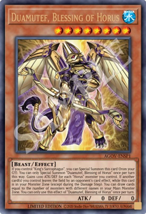 A Yu-Gi-Oh! trading card from the Age of Overlord series features an Effect Monster named "Duamutef, Blessing of Horus (AGOV-ENSP1) [AGOV-ENSP1] Ultra Rare," a blue and gold beast with wings and a staff. The text describes its special summoning conditions and effects. With 0 attack and 0 defense points, this card is marked as limited edition.