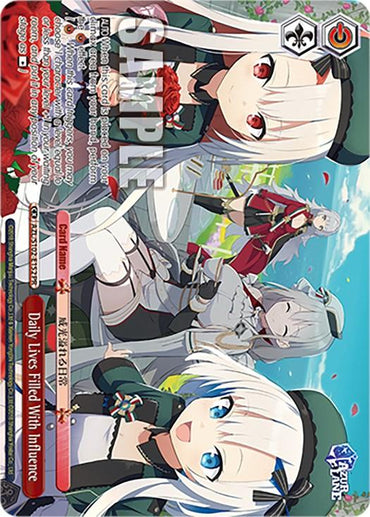 Four animated characters from Azur Lane with white hair, red eyes, and distinct outfits sit in a garden setting. The foreground character wears a green jacket and red ribbon. Two others are seated behind, while a fourth stands, holding an umbrella. The image features text and a sample watermark, hinting at Daily Lives Filled With Influence (AZL/S102-E152 PR) [Azur Lane] by Bushiroad.