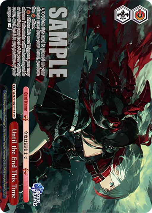 A trading card featuring anime-style artwork of a female warrior with long red hair, wearing dark armor and a red cape. She wields a large weapon and has a determined expression. This Climax Card, titled "Until the End This Time (AZL/S102-E153 PR) [Azur Lane]," includes various stats and text, showcasing Promo Rarity from Bushiroad.