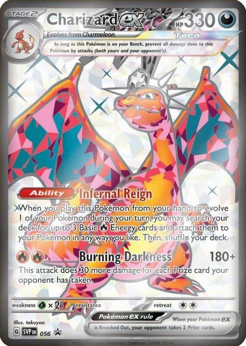 A Pokémon Charizard ex (056) [Scarlet & Violet: Black Star Promos] card featuring "Charizard ex" with 330 HP part of the Scarlet & Violet: Black Star Promos. The card showcases Charizard with fiery wings and a vibrant, colorful background. It boasts the "Infernal Reign" ability and the "Burning Darkness" attack, complete with detailed stats, artwork, and various game-related symbols.
