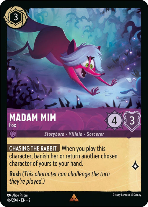 A rare card from Disney Lorcana featuring an animated character, Madam Mim, depicted as a sly fox. She has gray hair and a mischievous grin. The card is called Madam Mim - Fox (46/204) [Rise of the Floodborn], has a cost of 3 and stats of 4 power and 3 toughness. Special ability text at the bottom reads "Chasing the Rabbit" and "Rush".