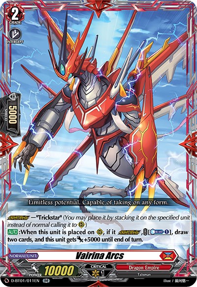 An image of the "Vairina Arcs (D-BT01/011EN)" card from Bushiroad's Cardfight!! Vanguard: Genesis of the Five Greats collection. The Dragon Empire's red and silver mechanical dragon, adorned with lightning bolts and wielding a spear, is showcased against a stormy backdrop, featuring text on abilities, power stats, and flavor text.