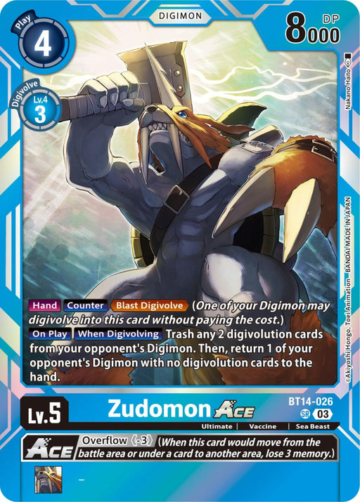 A digital Digimon card depicts "Zudomon Ace [BT14-026] [Blast Ace]," a Level 5 Digimon with 8000 DP. Zudomon, a Super Rare card from the Blast Ace Booster set, is illustrated as a muscular creature wielding a large hammer, wearing a helmet with horns, and armor. The card details its abilities, evolution requirements, and other gameplay mechanics with vibrant graphics and text.
