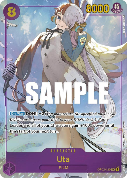 A Bandai Uta (Alternate Art) [Paramount War] trading card featuring Uta, a character from the "FILM" series. Uta has long flowing hair, a detailed outfit, and is positioned against a purple background. The card has an 8000 power rating and special abilities described in the text. The word "SAMPLE" is overlaid in large white letters.