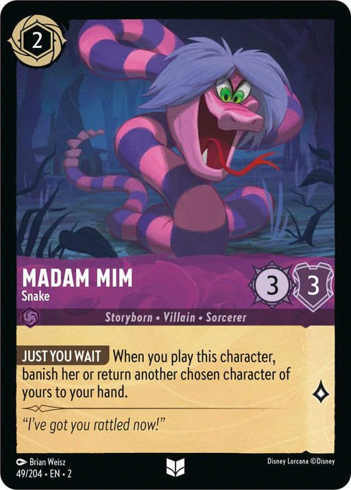 A collectible card from "Rise of the Floodborn" features Madam Mim, showcasing a colorfully striped snake with a mischievous facial expression in a dark forest setting. This uncommon card costs 2 mana, and Madam Mim has 3 attack and 3 defense. Additional details include “Storyborn - Villain - Sorcerer” and an ability: “Just You Wait."

The product name is Madam Mim - Snake (49/204) [Rise of the Floodborn], branded by Disney.