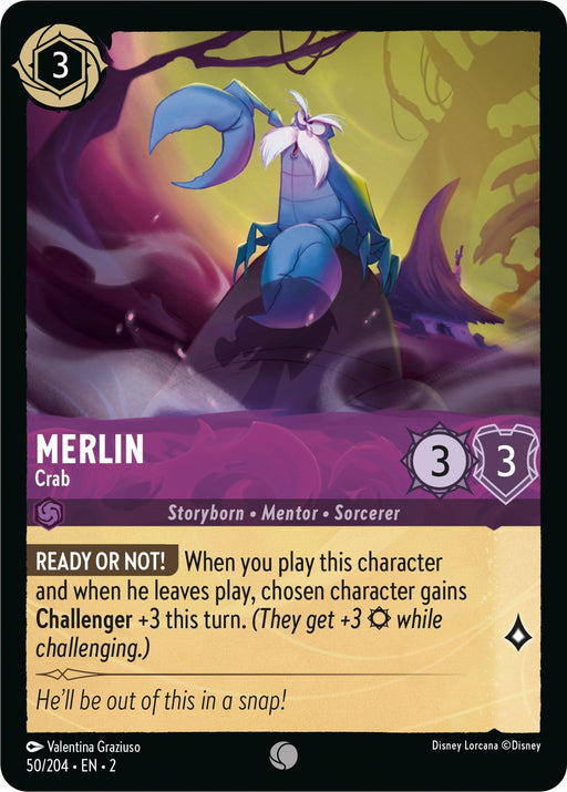 A Disney Lorcana card featuring Merlin as a blue crab with three claws and a staff. The card, titled "Merlin - Crab (50/204) [Rise of the Floodborn]," features a purple and yellow background with swirling energy. Its "Ready or Not!" ability grants +3 Challenger until end of turn. Labeled "50/204 · EN-2," it belongs to the Rise of the Floodborn set releasing on 2023-11.