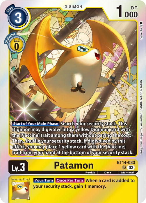 A Super Rare Digimon trading card featuring Patamon [BT14-033] [Blast Ace]. The card has a holographic design with a yellow and brown color scheme. Patamon, a small, winged creature with big ears, is flying in the background. The card shows it is Level 3 with 1000 DP and describes its abilities and effects.