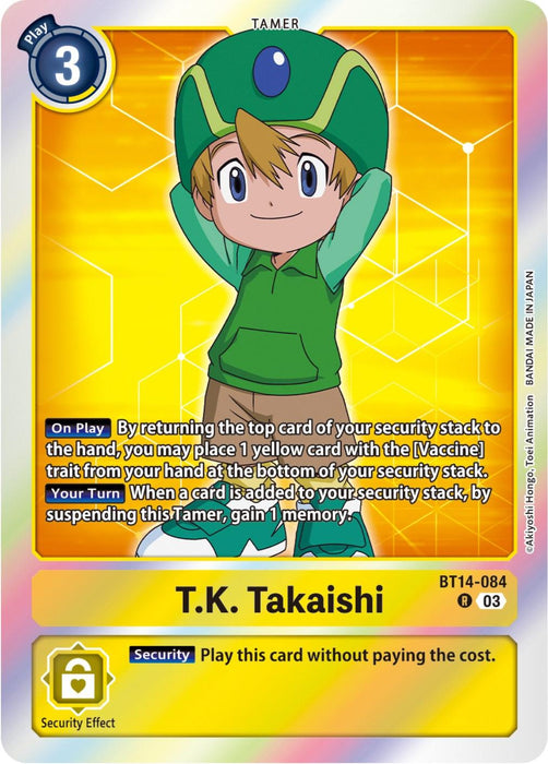 A Digimon trading card featuring T.K. Takaishi [BT14-084] [Blast Ace], depicted in a green outfit with a matching hat, smiling and giving a thumbs-up. This rare rarity Tamer card boasts a vibrant yellow background and includes game details like "Play Cost 3" and rules for "On Play" and "Your Turn" effects.