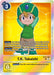 A Digimon trading card featuring T.K. Takaishi [BT14-084] [Blast Ace], depicted in a green outfit with a matching hat, smiling and giving a thumbs-up. This rare rarity Tamer card boasts a vibrant yellow background and includes game details like "Play Cost 3" and rules for "On Play" and "Your Turn" effects.