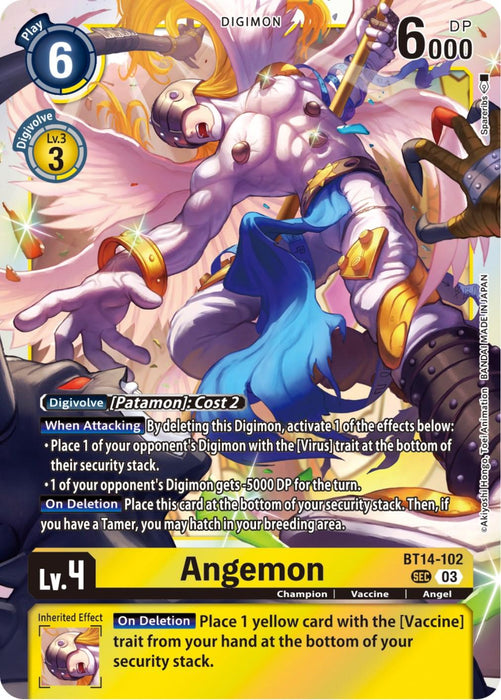 A Digimon Angemon [BT14-102] [Blast Ace] card featuring Angemon, a humanoid angel with six wings, a blue cloth, and a helmet in a dynamic pose. The card includes game stats: Level 4, 6000 DP, and 6 Play Cost. Detailed text covers Angemon's abilities and effects under specific conditions from the Blast Ace Booster set.