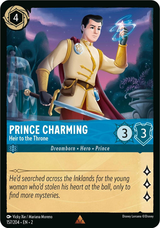 A rare fantasy trading card depicts **Prince Charming - Heir to the Throne (157/204) [Rise of the Floodborn]** by **Disney**, preparing to cast a magical spell. He wears royal attire, including a white and gold uniform with a flowing red cape. His right hand glows with arcane energy. The background shows a mystical, mountainous landscape under a twilight sky.