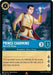 A rare fantasy trading card depicts **Prince Charming - Heir to the Throne (157/204) [Rise of the Floodborn]** by **Disney**, preparing to cast a magical spell. He wears royal attire, including a white and gold uniform with a flowing red cape. His right hand glows with arcane energy. The background shows a mystical, mountainous landscape under a twilight sky.