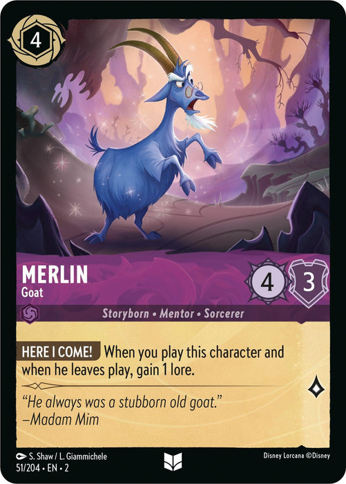 A Disney fantasy trading card depicts an elderly blue goat, "Merlin," in a magical forest setting. Merlin wears glasses and a sorcerer's hat, leaping with a determined expression. From the Rise of the Floodborn series, this Uncommon card features stats of power 4 and toughness 3, alongside special abilities and flavor text below the image. The product name for this card is Merlin - Goat (51/204) [Rise of the Floodborn].