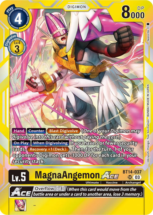 Image of a Super Rare Digimon card named "MagnaAngemon Ace [BT14-037] [Blast Ace]." The predominantly yellow card depicts "MagnaAngemon" in gold and red armor, with white wings and holding a golden staff. Stats include a play cost of 4, 8000 DP, level 5, and abilities like "Blast Digivolve" and "Overflow (-3)." Card number BT14-037 from the Digimon brand.