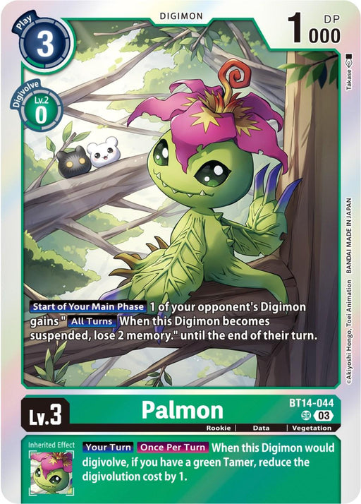 A Palmon [BT14-044] [Blast Ace] trading card from Digimon featuring Palmon, a plant-like creature with a green body, leafy limbs, and a pink flower on its head. The card text includes abilities that affect opponent's Digimon and details on its digivolution. Palmon is a Level 3 Rookie Digimon with 1000 DP, embodying lush vegetation.