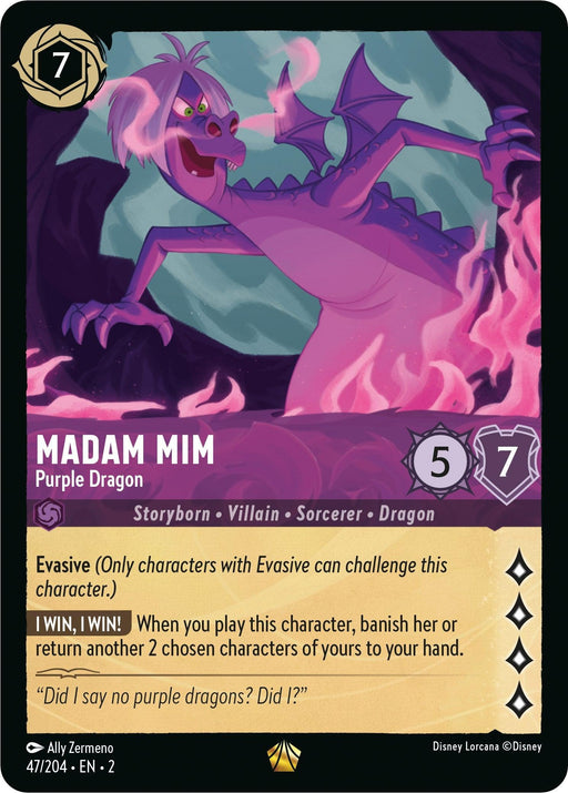 A playing card depicts Madam Mim, a legendary purple dragon with pink wings, claws, and a tail. The background shows a swirling mist. The card is labeled "Madam Mim - Purple Dragon (47/204) [Rise of the Floodborn]" by Disney and has stats of 5 attack and 7 defense. Abilities include "Evasive" and "I Win, I Win!" with humorous flavor text about purple dragons.