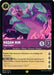 A playing card depicts Madam Mim, a legendary purple dragon with pink wings, claws, and a tail. The background shows a swirling mist. The card is labeled "Madam Mim - Purple Dragon (47/204) [Rise of the Floodborn]" by Disney and has stats of 5 attack and 7 defense. Abilities include "Evasive" and "I Win, I Win!" with humorous flavor text about purple dragons.