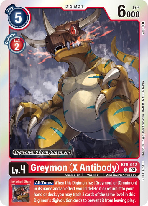 Here's a revised sentence incorporating the given product data:

"A Digimon trading card titled 'Greymon (X Antibody) [BT9-012] (Blast Ace Pre-Release Winner) [X Record]' from the Digimon brand. This card features Greymon, a muscular dinosaur-like creature adorned with armor plates and a helmet. It has a blue play cost of 5, a red digivolution cost of 2, and includes detailed stats such as 6000 DP along with various game rules and in-game effects, making it ideal for battles involving Omnimon.