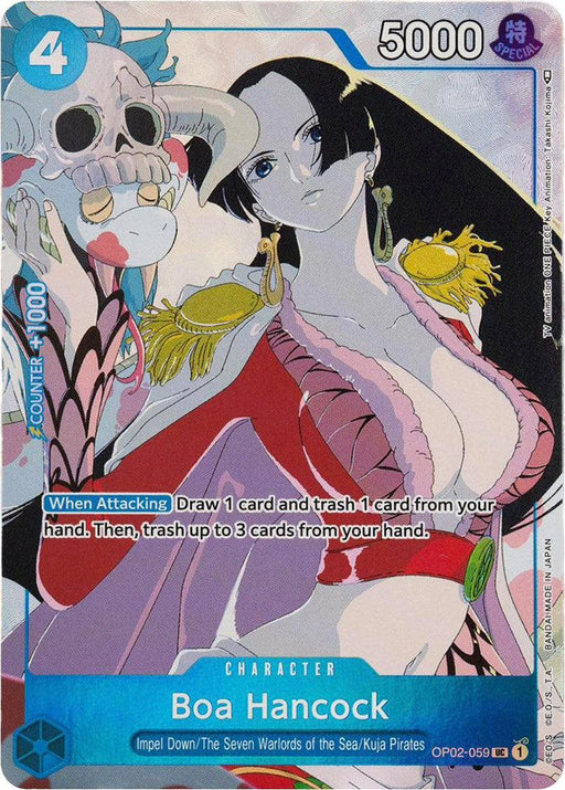 A trading card featuring Boa Hancock (Gift Collection 2023) [One Piece Promotion Cards] by Bandai. She stands confidently with a pink cape draped over her shoulders and gold earrings. The card, type Character, has several stats: 4 cost, 5000 power, 1000 counter. Special effects are listed. Part of the One Piece Promotion Cards series released on 2023-10-27, it is numbered OP02.
