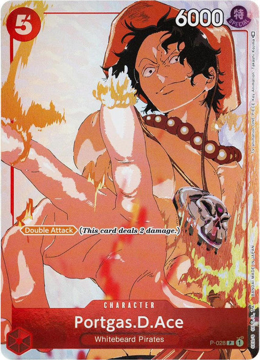 A trading card featuring Portgas.D.Ace (Gift Collection 2023) [One Piece Promotion Cards] from Bandai. The card has a red border and 6000 power points, with a number 5 at the top left. Ace is shirtless, wearing a red beaded necklace, with flames around his fist. Card text reads "Double Attack (This card deals 2 damage).