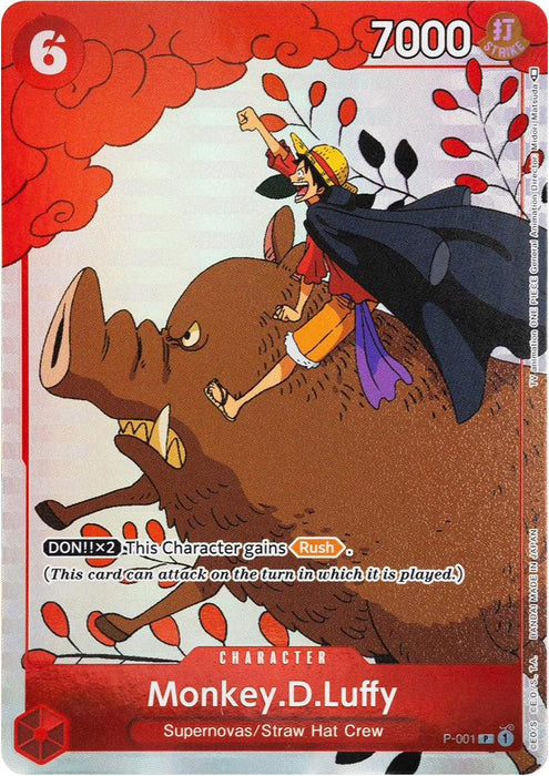 A promo trading card features Monkey D. Luffy, a character wearing a straw hat and red vest, riding a large wild boar with tusks. Luffy is depicted in an excited pose, pointing forward. The Monkey.D.Luffy (Gift Collection 2023) [One Piece Promotion Cards] by Bandai has a power value of 7000 and a cost of 6, with abilities listed at the bottom.